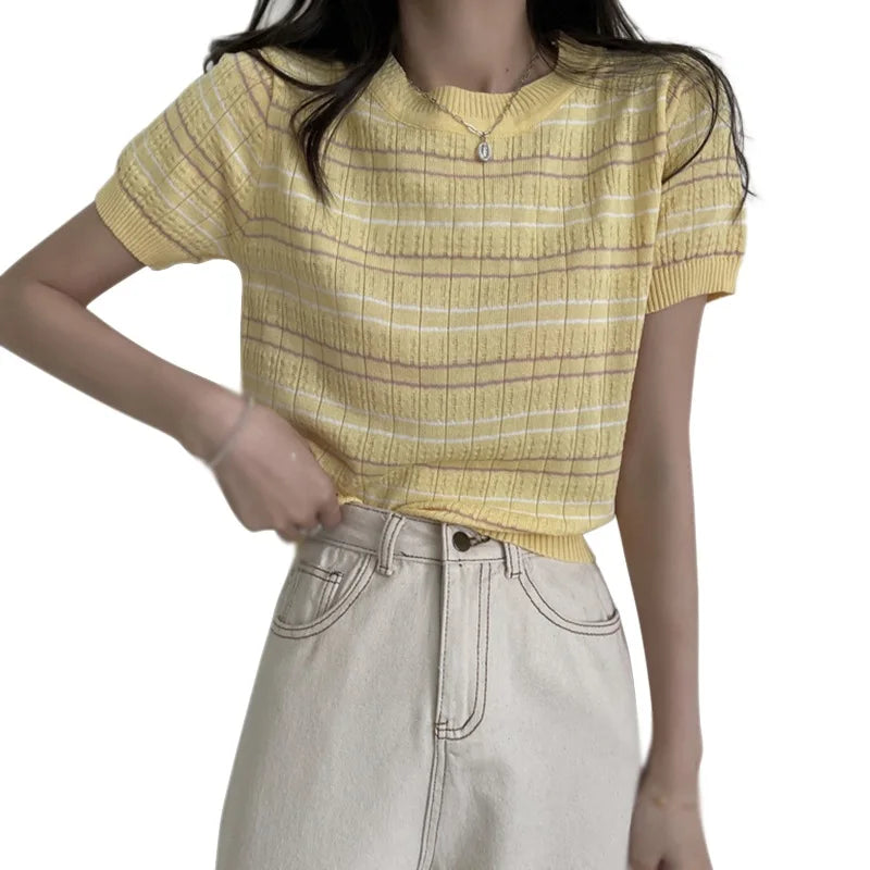 Summer Striped Women's Knitted Crop Top Casual O-Neck Short Sleeve T-Shirt Preppy Style Tees