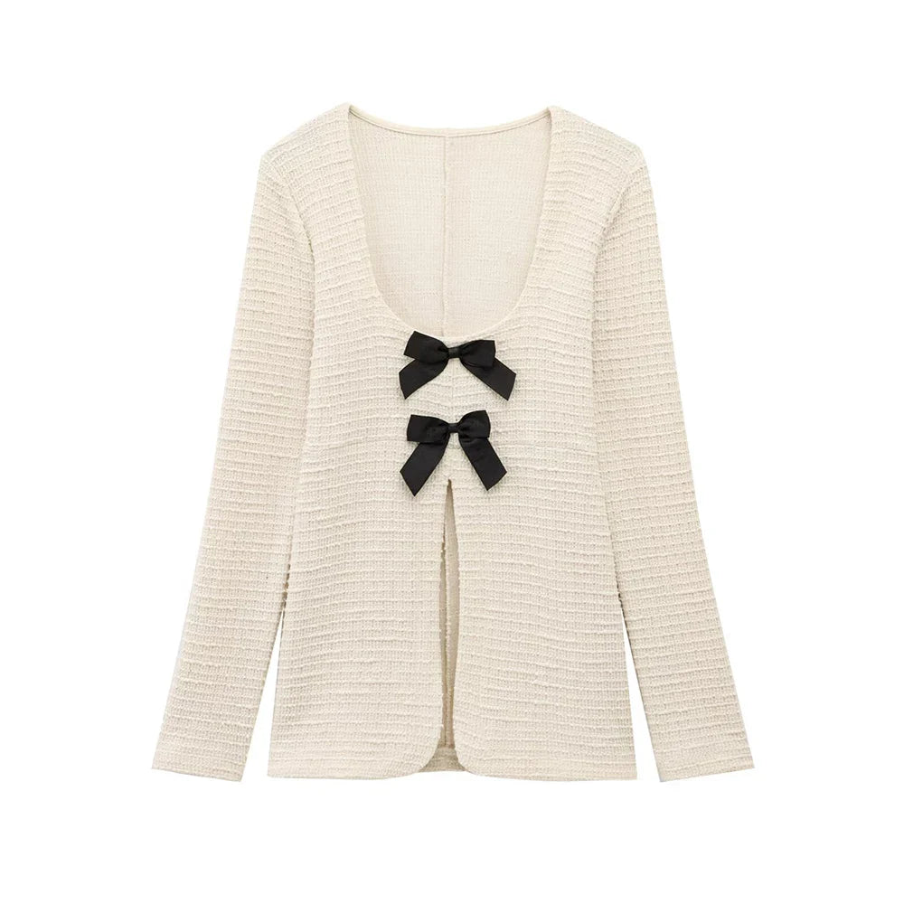 Fashionable Women's Bow Decoration Top and Slimming Texture Bell Bottom Pants Set