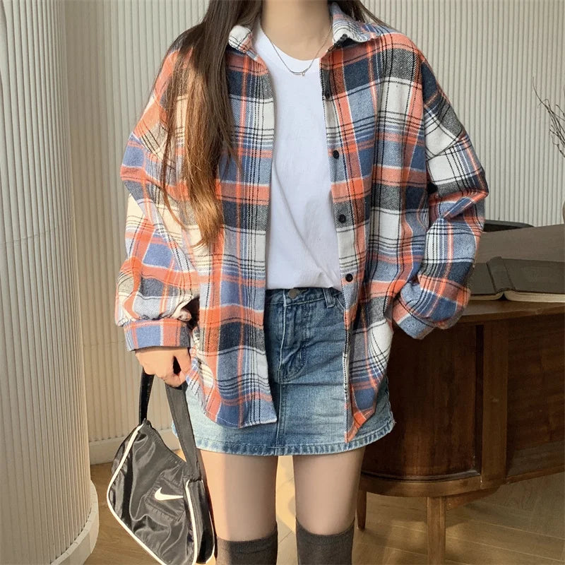 Women's Casual Blushed Flannel Shirt Long Sleeve Collared Button Down Plaid Blouse Fall Winter Vintage Top