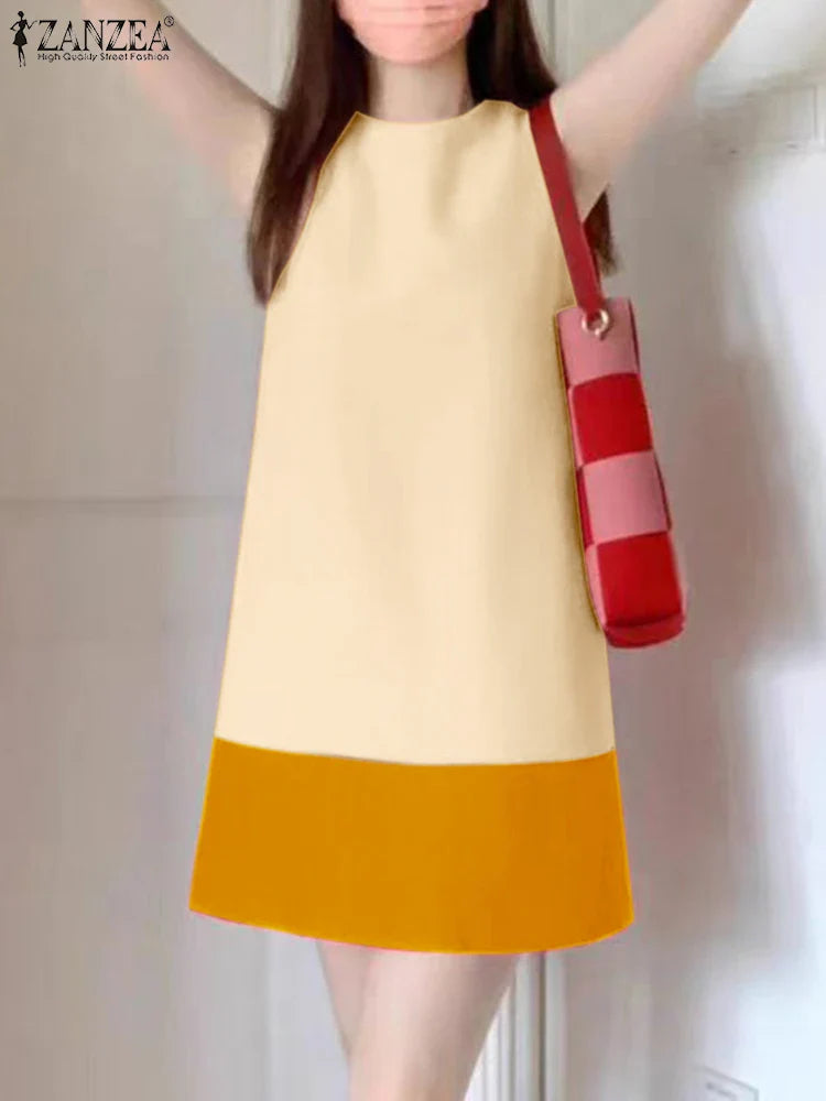 Korean Style Patchwork Sundress Sleeveless Round Neck Mini