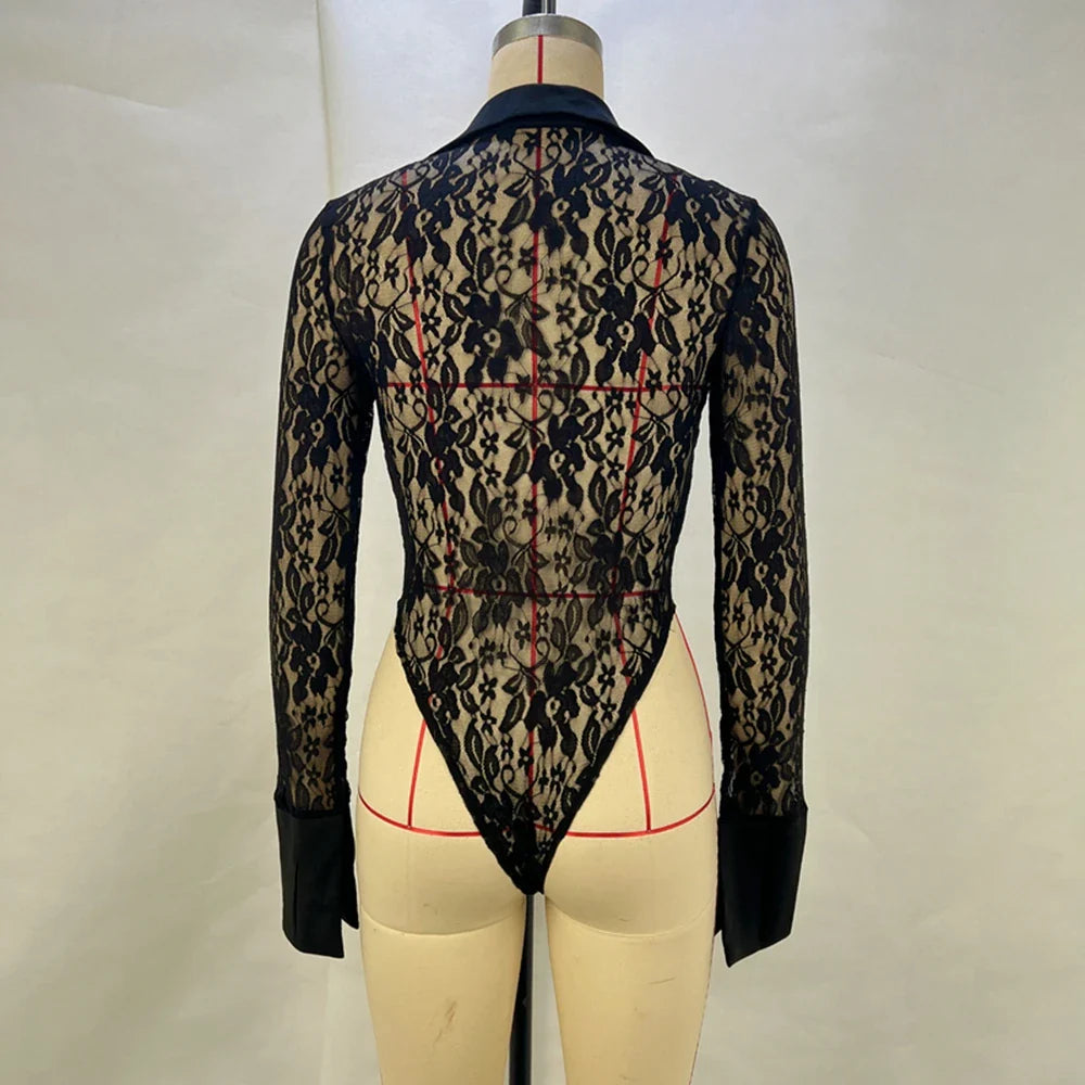 Sexy Lace Patchwork Deep V Long Sleeved Top and Slim Fit High Waisted Flared Pants Women's Set