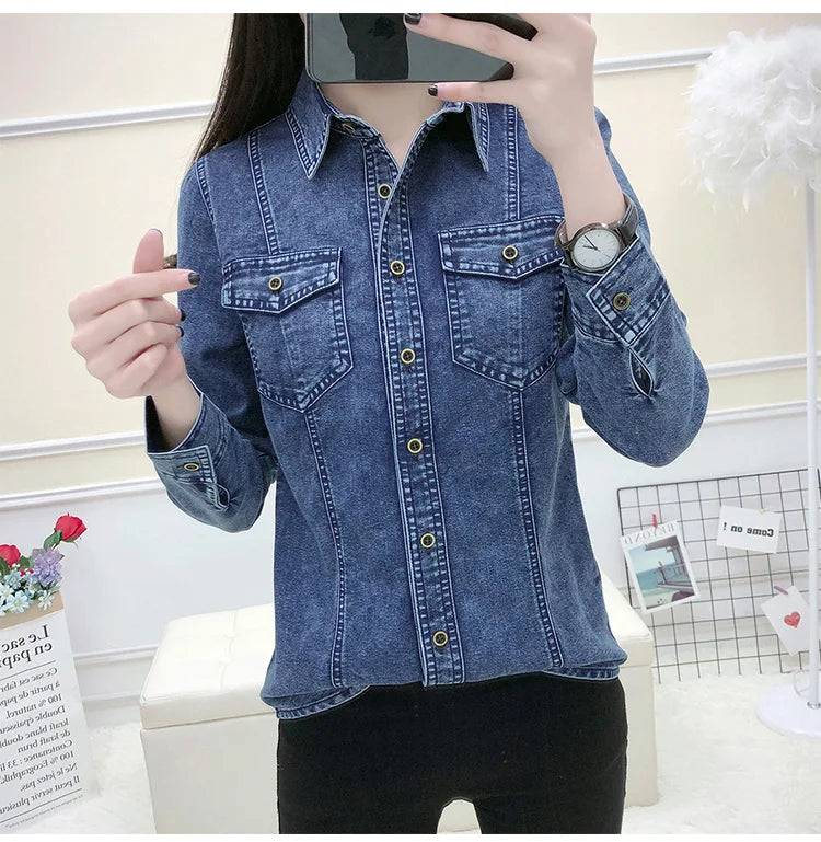 Women's High Quality Denim Shirt Long Sleeve Single Button Blouse with Pockets Casual Korean Style Autumn Winter Top