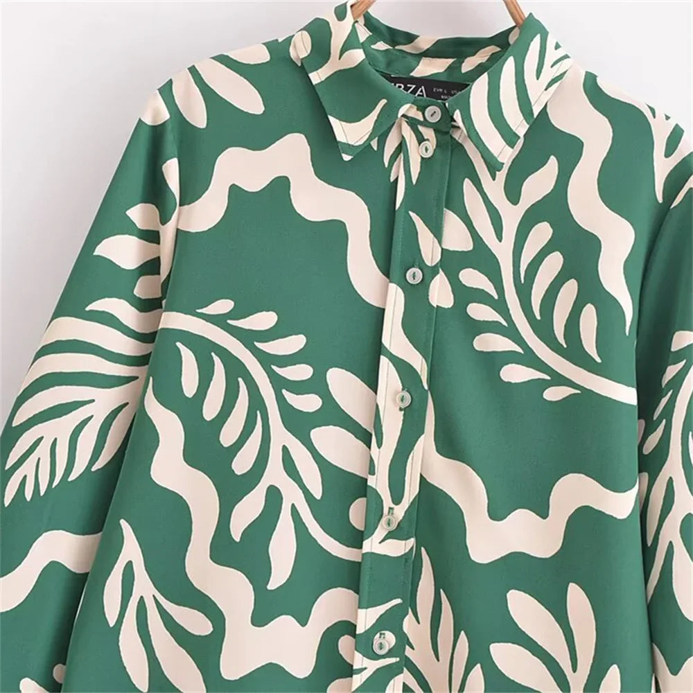 Casual Fashion Printed Collar Long Sleeve Shirt and Drawstring Pants Set for Women