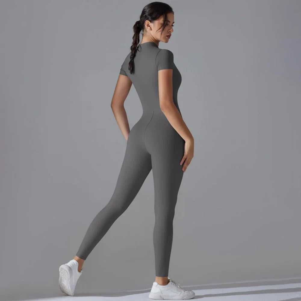 Womens Short Sleeve Yoga Jumpsuit Slim Fit Stretch One Piece Romper with Front Zipper Sexy Fitness Activewear Basic Sportwear in Black