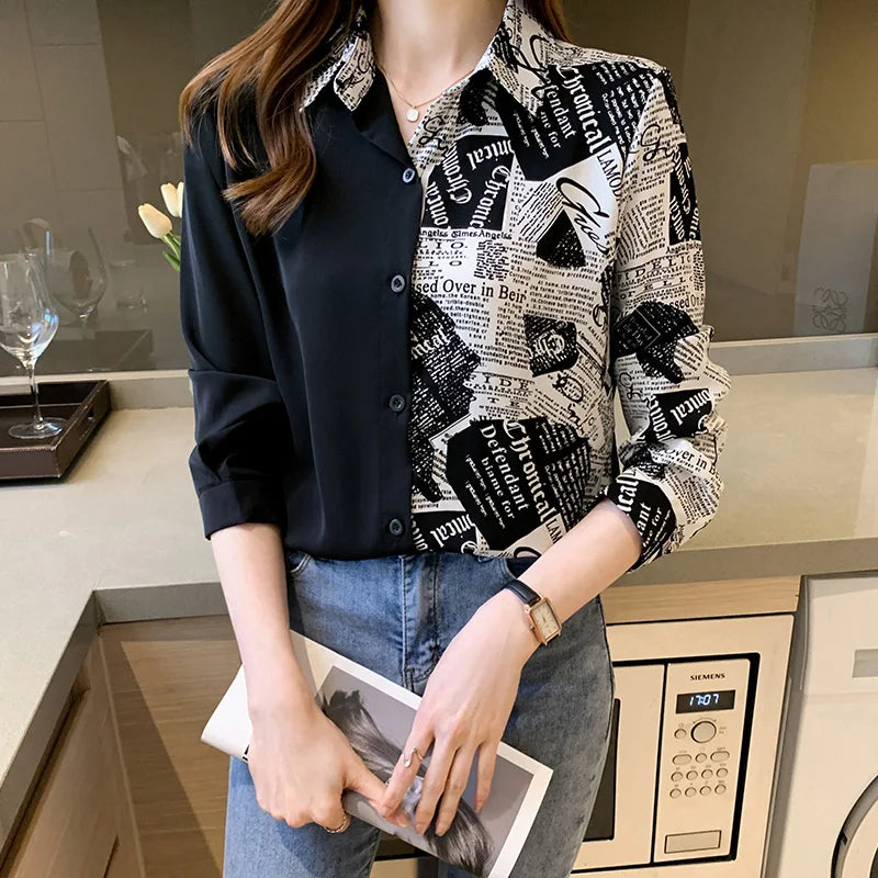 Womens Long Sleeve Contrast Letter Print Shirt Turn-Down Collar Button Up Blouse Lightweight Spring Summer Fashion Top