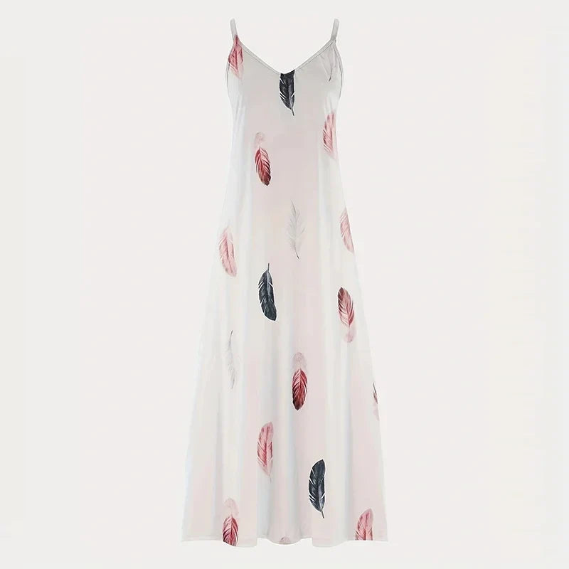 Feather Print Maxi Dress V Neck All Season Comfort Stretch