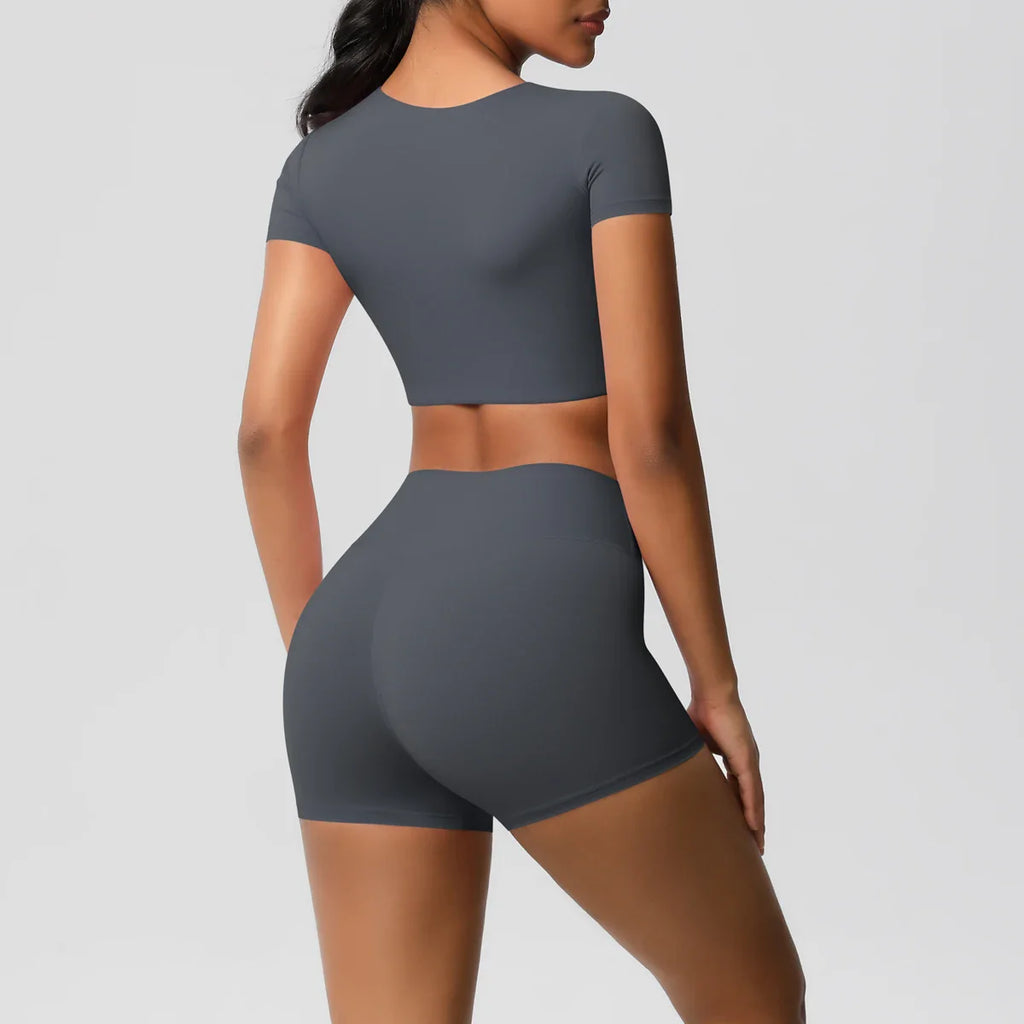2PCS Women's Fitness Yoga Set High Waist Shorts with Short Sleeve Gym Top Seamless Sportswear Tracksuit for Activewear