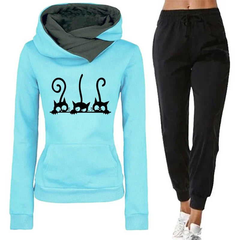 Womens Cute Cat Print Tracksuit Hooded Sweatshirt and Jogging Pants Set for Casual Autumn and Winter Wear