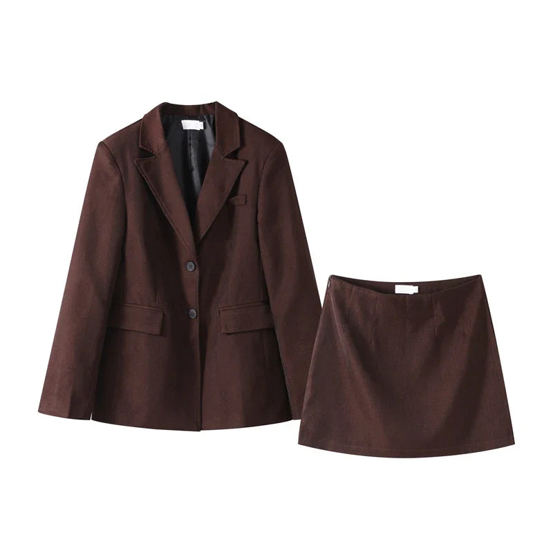 Elegant Women Blazer and Mini Skirt Set with Shoulder Pads Cinched Waist Suit Jacket and A-line Skirt Two-Piece Office Outfit