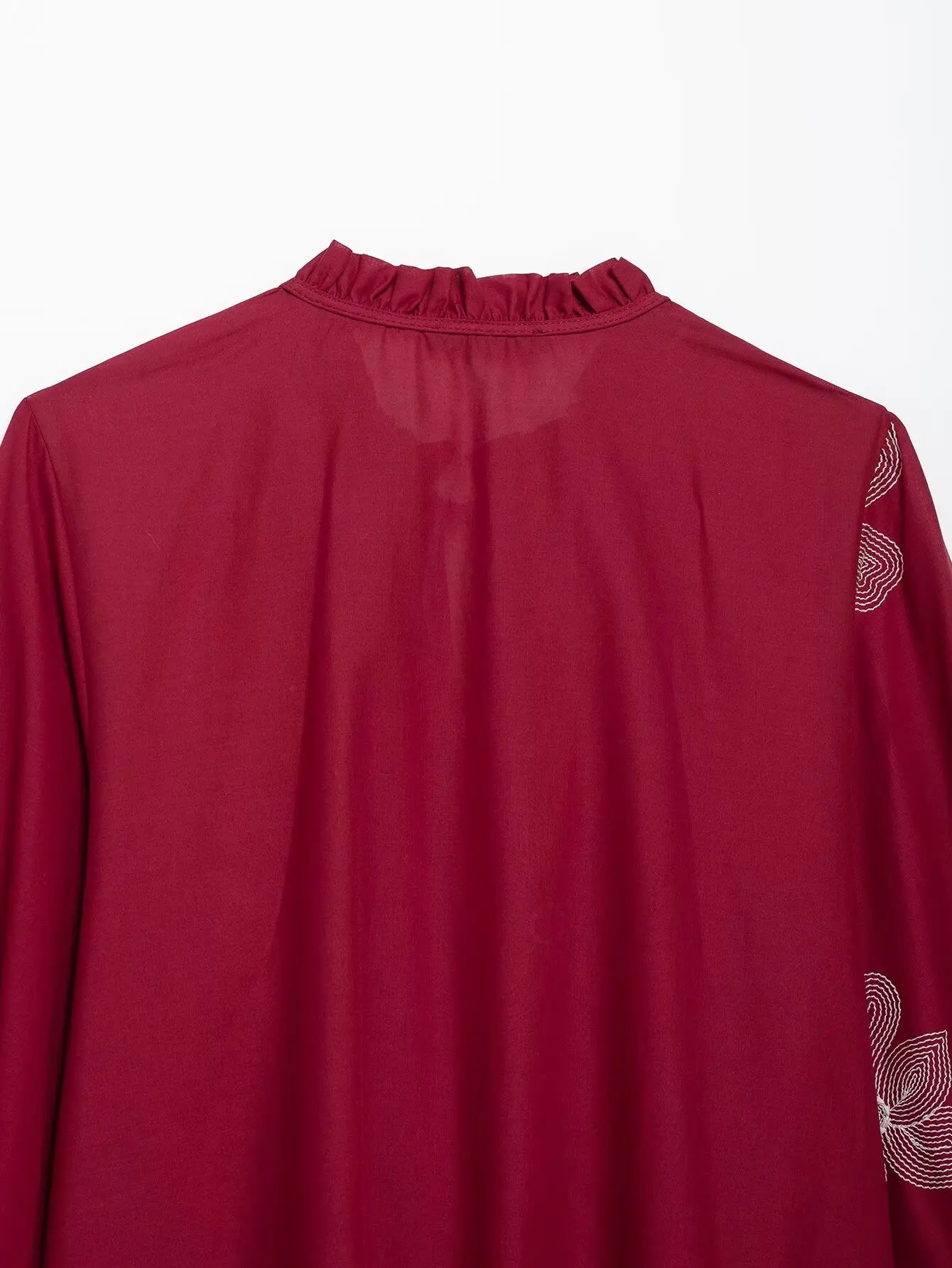 Women's Ruffled Collar Long Sleeve Blouse with Delicate Flower Embroidery Casual Chic Shirt Top