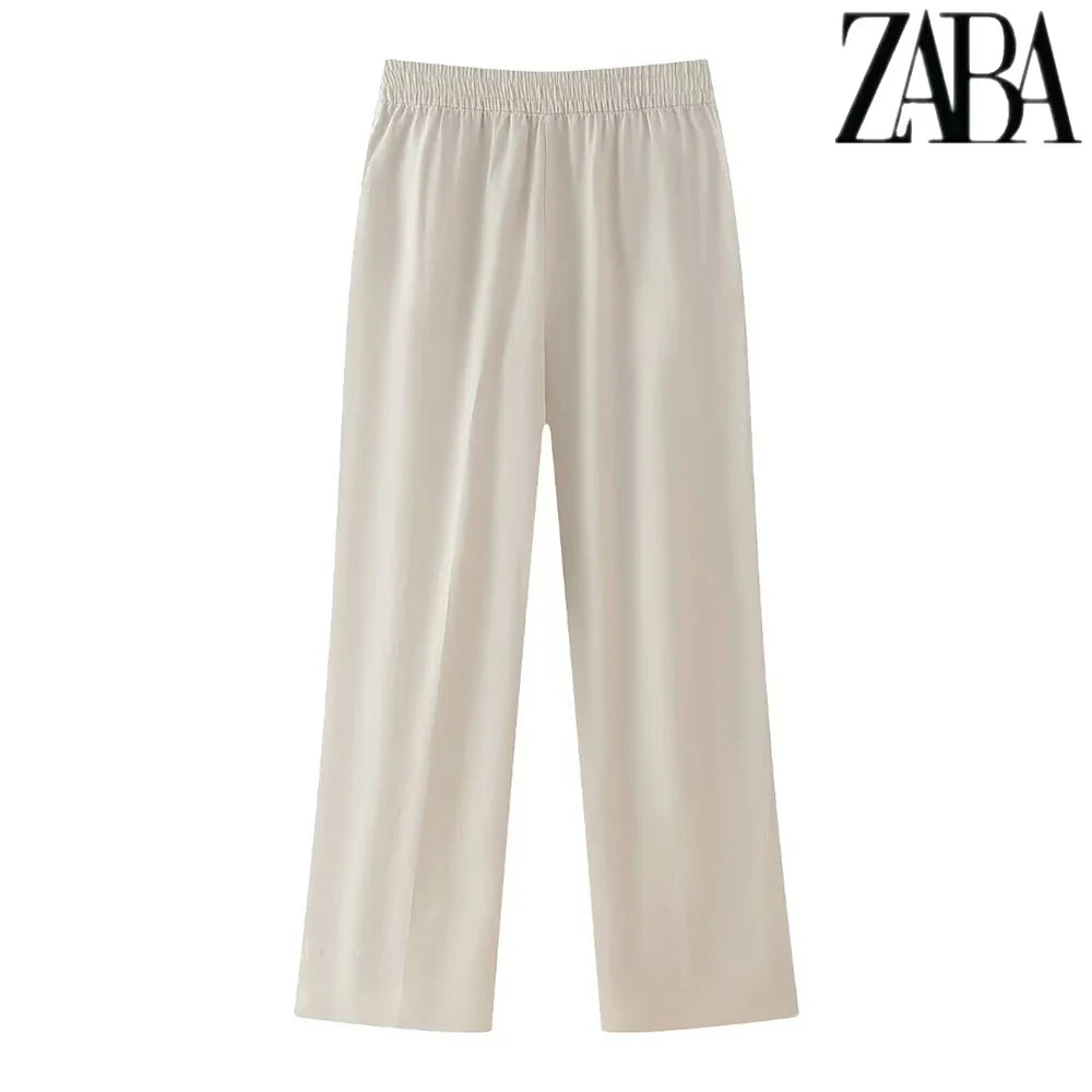 Women's Office Suit Set with Double Breasted Lapel Top and Wide Leg Pants in Solid Color