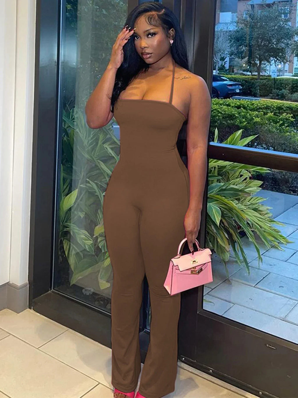 Sleeveless Halter Backless Bodycon Jumpsuit with Flare Pants Casual Rompers for Women Streetwear Festival Outfit