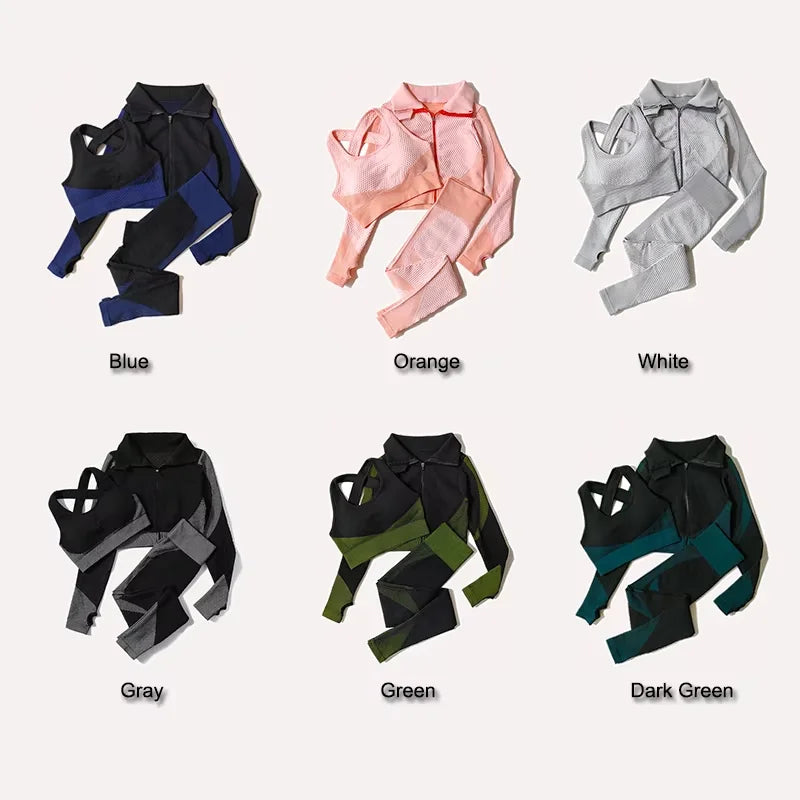2/3Pcs Women Seamless Knitted Yoga Set with High Waist Leggings and Zipper Long Sleeve Crop Top Lightweight Stretchy Fitness Sportswear Gym Outfit