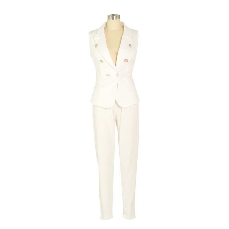Elegant Women's Two Piece Pant Suit Set with Sleeveless Blazer and Pencil Pants for Office and Business Wear