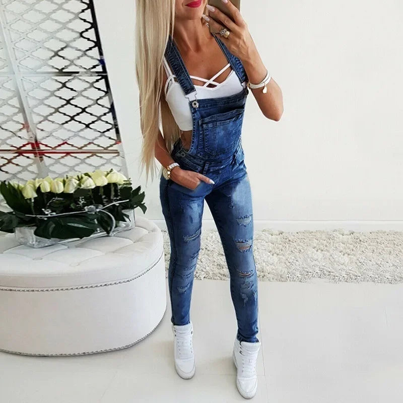 Casual Denim Jumpsuit for Women Strappy Off Shoulder Ripped Boyfriend Jeans Overalls Summer Long Pants Rompers Stylish Ladies Jumpsuit