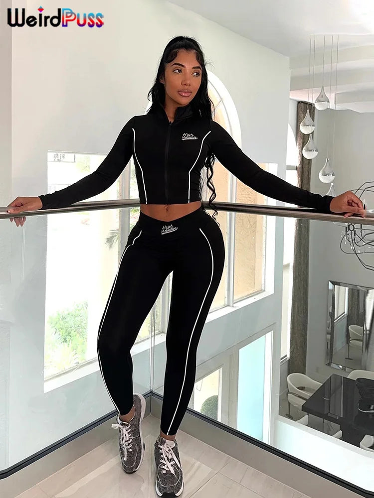 Casual 2 Piece Tracksuit Set with Zip Crop Jacket and Leggings for Sporty Streetwear