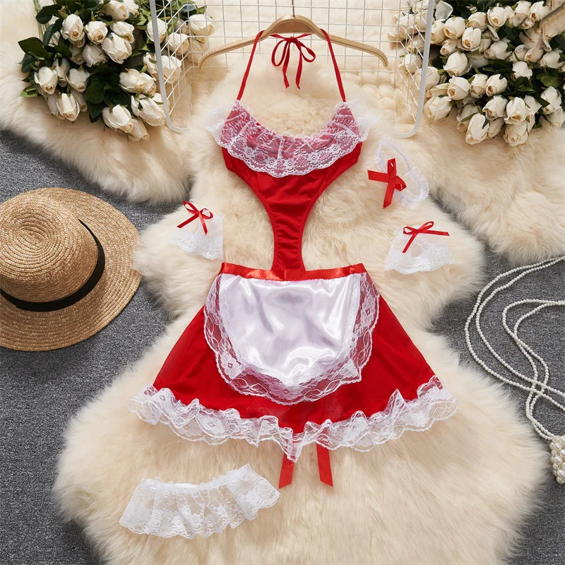 Sexy Lace-Up Lingerie Bodysuit Set with Mini Skirt Backless Patchwork Lace Edge Hollow Cosplay Maid Uniform