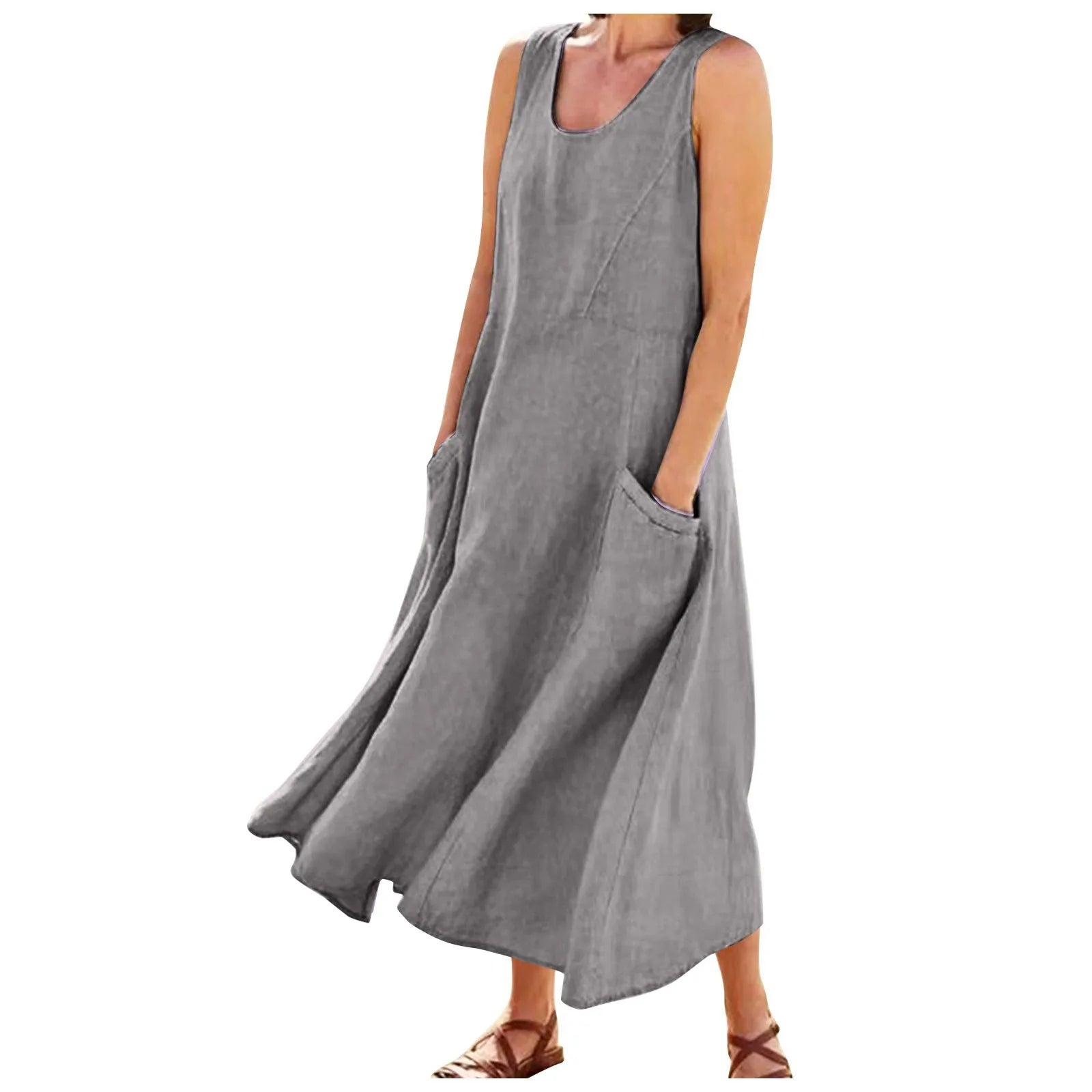 Cotton Linen Maxi Dress Plus Size Boho Sleeveless Pocket