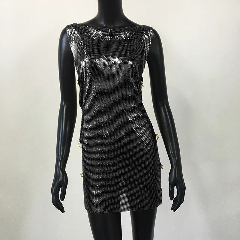 Y2K Metallic Sequins Mini Dress For Women Backless Clubwear
