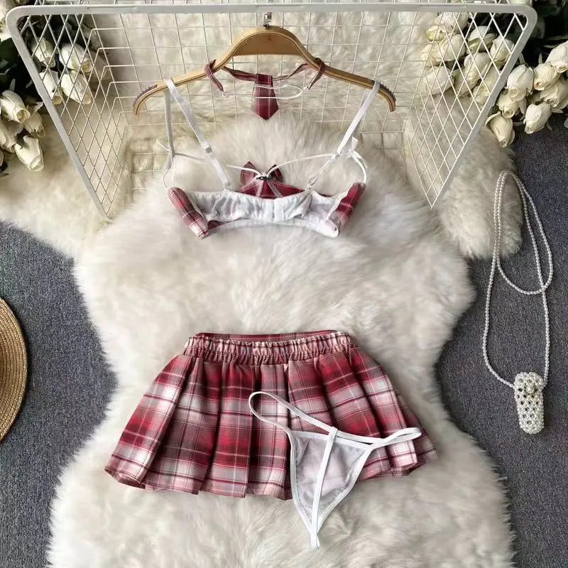 Sexy Schoolgirl Lingerie Set Plaid Necktie Top and Skirt Erotic Cosplay Costume Uniform