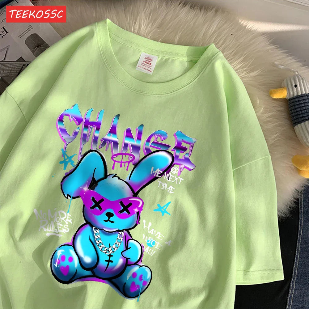 Trendy Cartoon Rabbit Print Summer T-Shirts for Women in Soft Cotton Short Sleeve Loose Fit Casual Tops