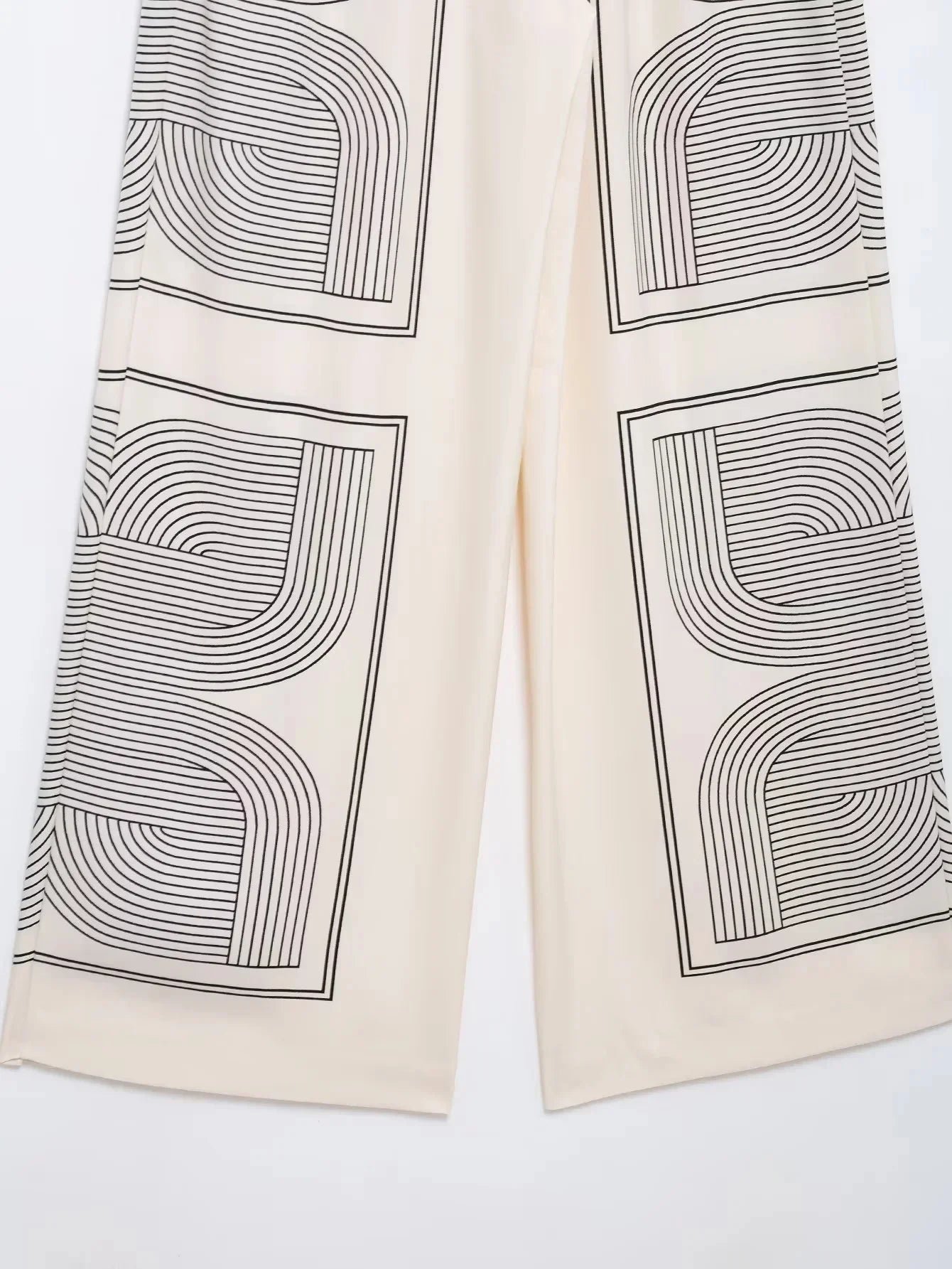 Stylish Women's Suit Set with Long Sleeve Shirt and Wide Leg Pants in Creamy Base and Geometric Patterns