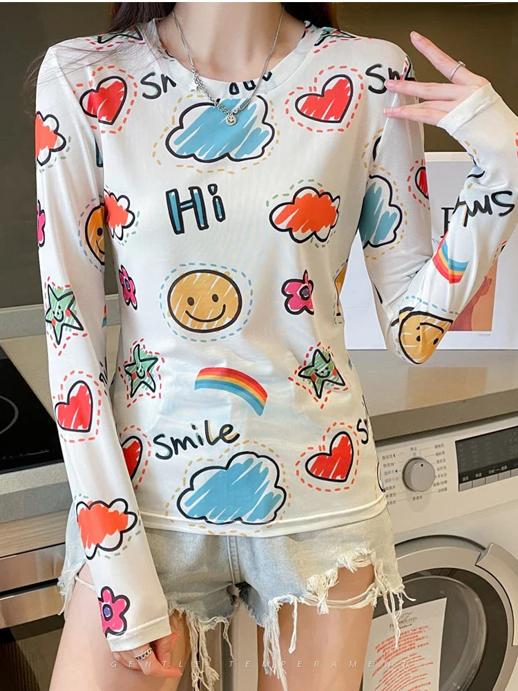 Women's Sexy See-Through Mesh Blouse Long Sleeve Transparent Elegant Printed Shirt Fashion Top