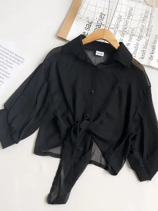 Women Buttoned Up Chiffon Blouse Tied Waist Crop Top Office Lady Shirt Thin and Lightweight