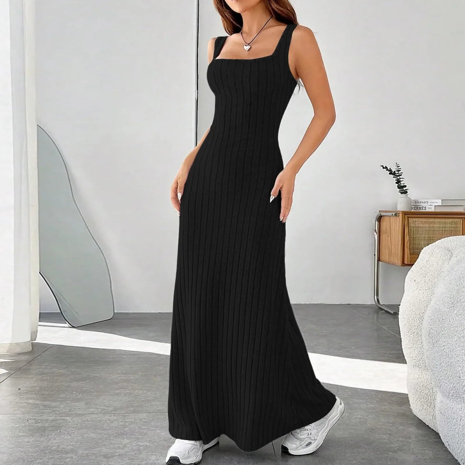 Floral Sundress For Women Pockets Square Neck Tank Dress