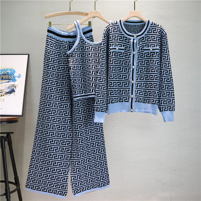 Elegant Casual Three-Piece Women's Houndstooth Printed Vest and Trousers Set