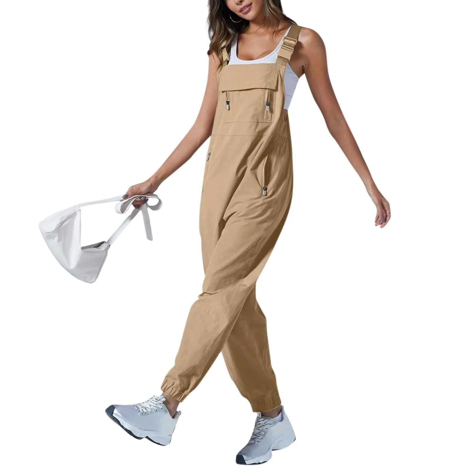 Women's Summer Casual Loose Wide Leg Jumpsuit with Adjustable Straps Pockets and Retro Button Detail Solid Color Sleeveless Overalls