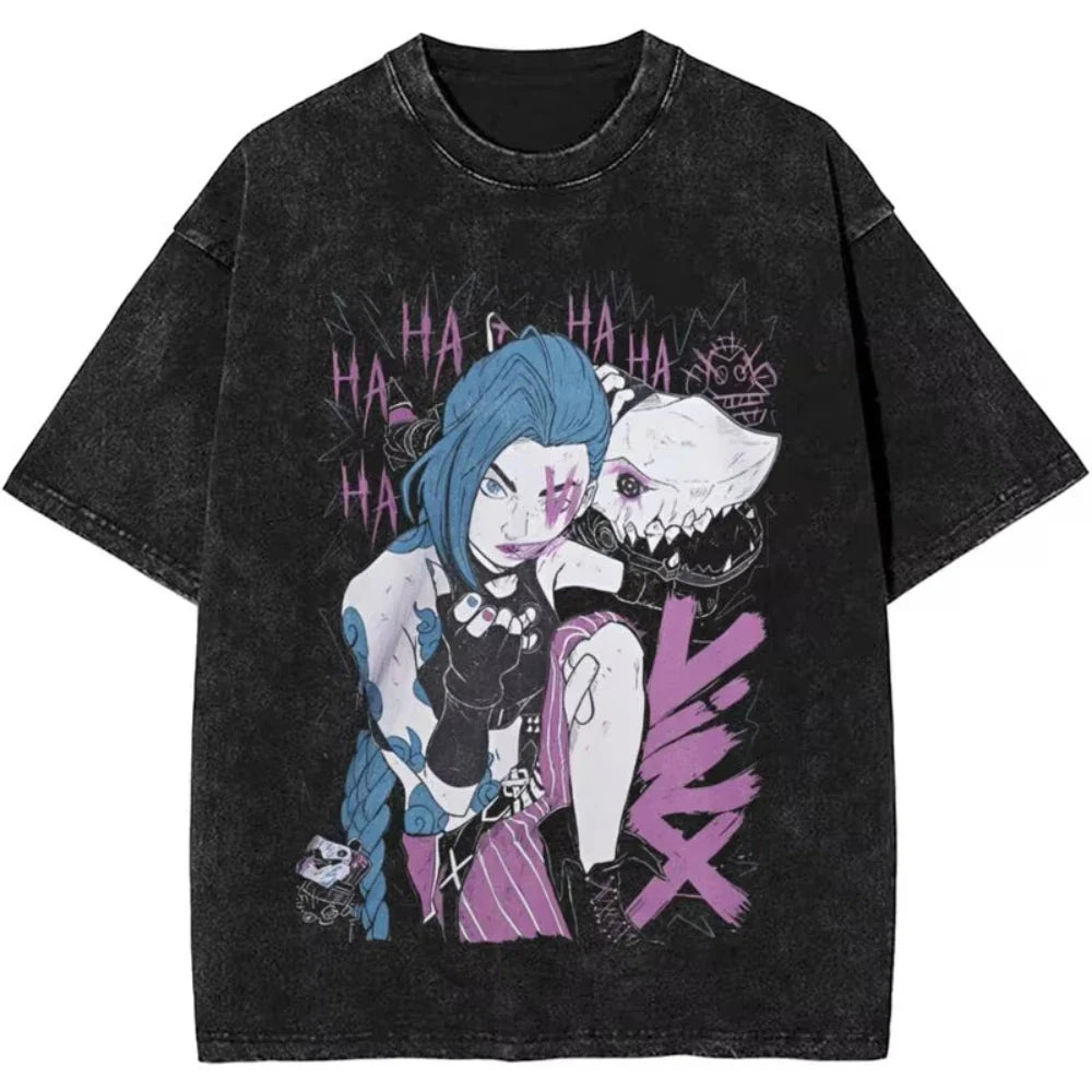 Anime Arcane Jinx Oversized Cotton T Shirt for Men and Women Summer Streetwear Tee Fans Gift