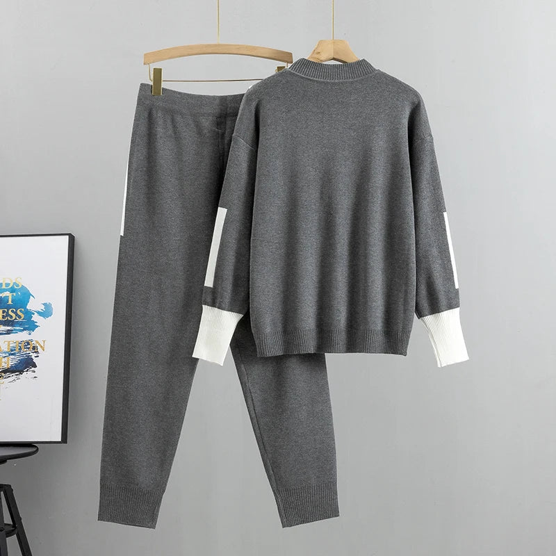 Knitted Casual Two Piece Set for Women Featuring Long Sleeve Pullover Sweater and Stylish Pants Suit