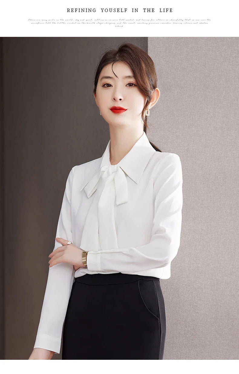 Elegant Bow Tie Ribbon Blouse for Women Lace Up Temperament Shirt Stylish Spring and Autumn Top