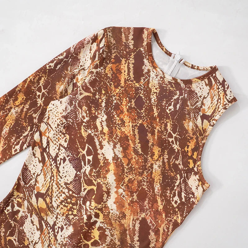 Brown Single Shoulder Long Sleeve Snake Print Jumpsuit for Women with Back Zipper Sexy One Piece Romper