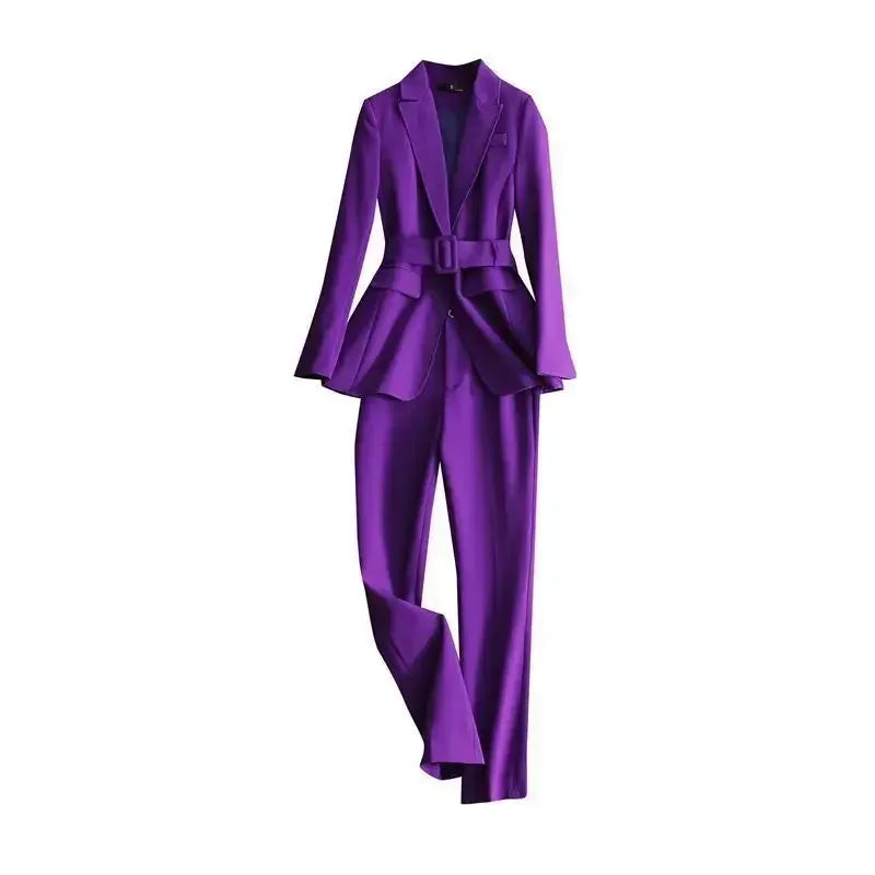 Two Piece Purple Formal Suit for Women with Belted Blazer and Straight Pants Set Perfect for Office and Business Attire
