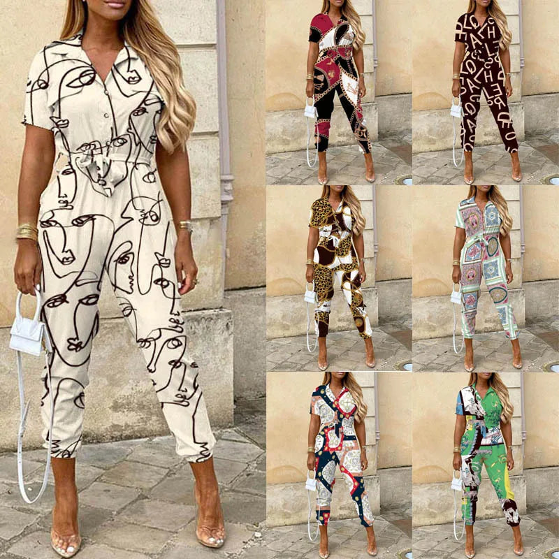 Summer Casual Women's Jumpsuit with Lapel Collar Printed Waistband and Stylish Buckle Detail