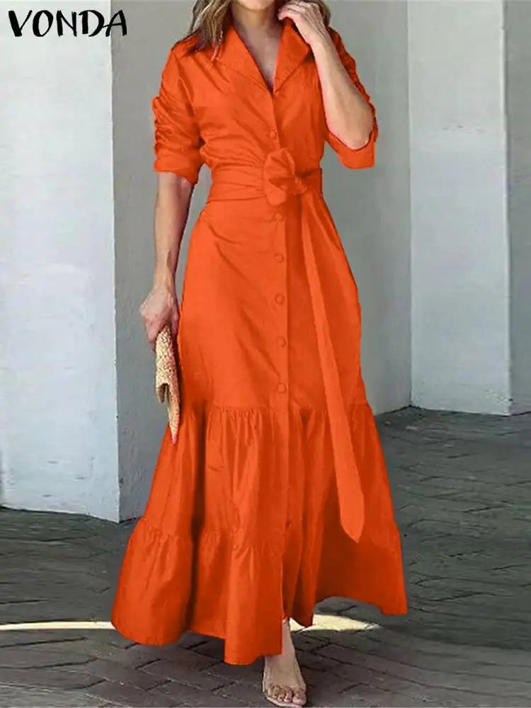 Long Sleeve Sundress With Ruffles Belted Shirt Dress