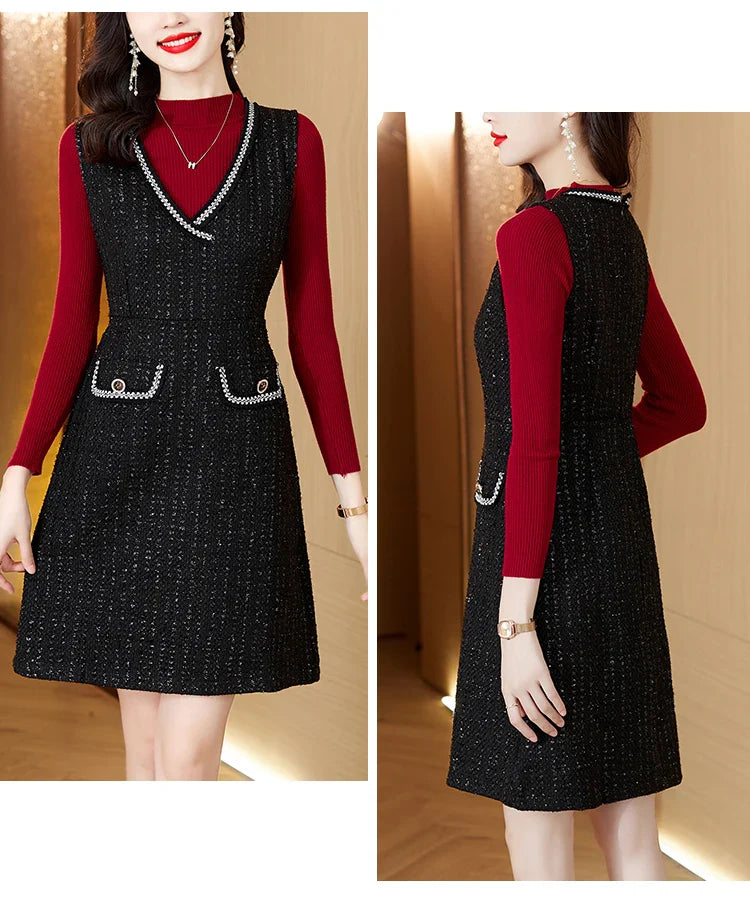 Women Tweed Sweater Vest Dress Two Piece Set For Office
