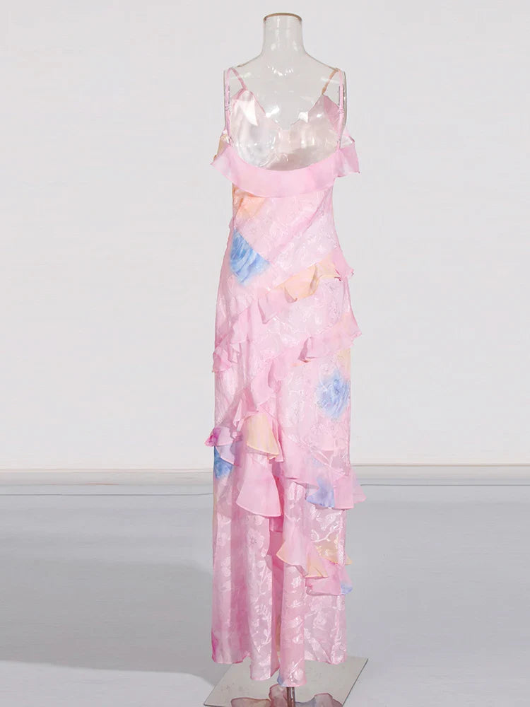 V Neck Sleeveless Backless Long Dress With Ruffles For Women