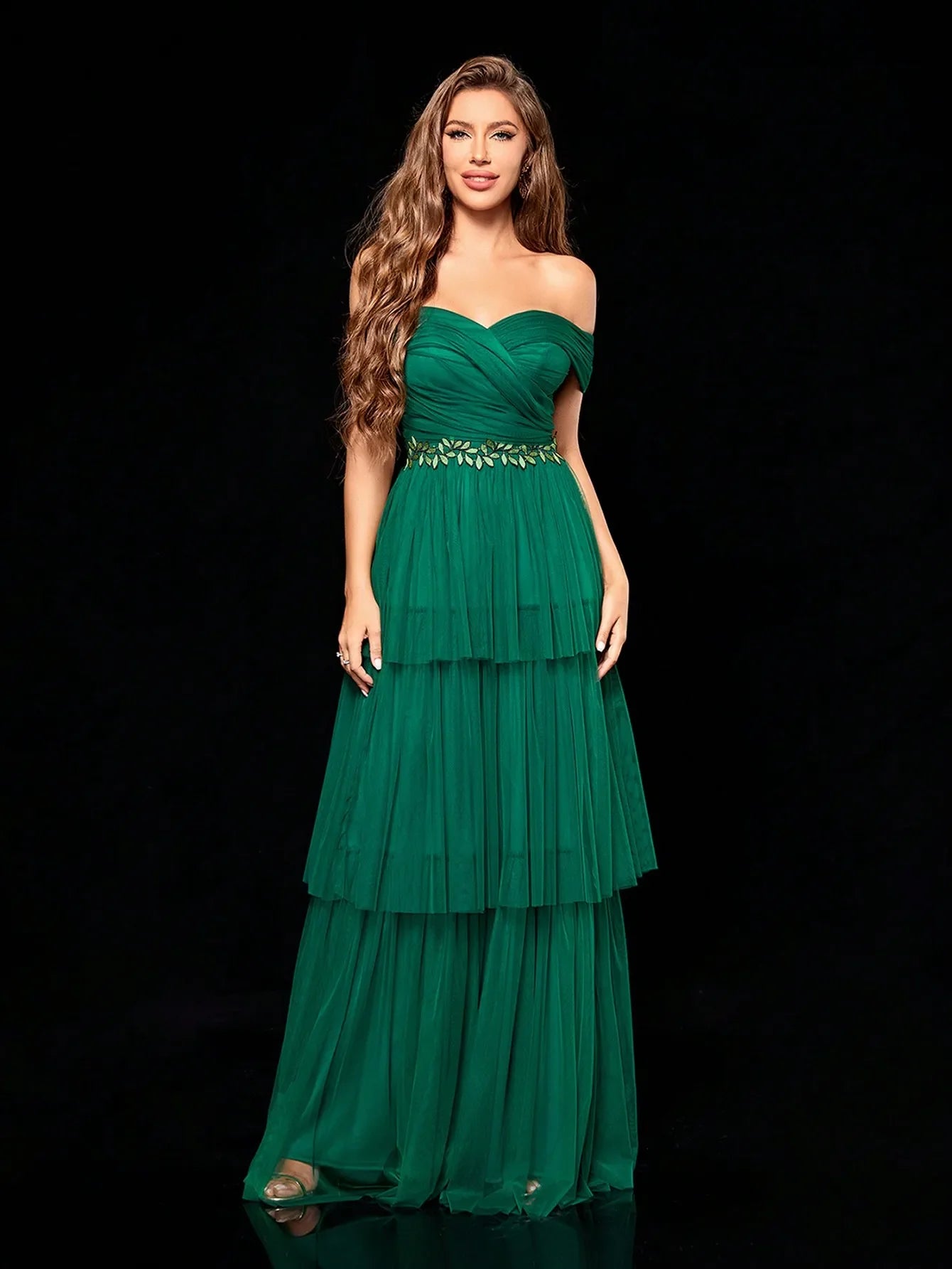 Line Collar Embroidered Long Gauze Evening Gown for Party