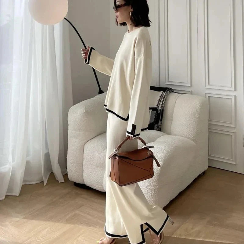 Knit Two Piece Pajama Set for Women with Side Split and High Waist Short Sleeve Design Suitable for Office and Casual Wear