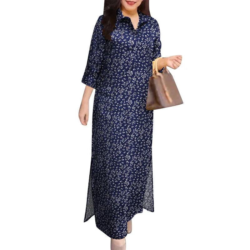 Autumn Floral Cotton Long Shirt Dress For Women With Lapel