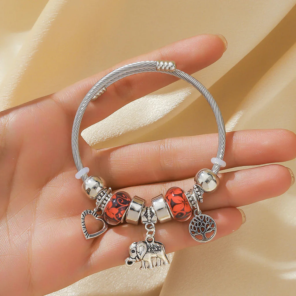Women's Elephant Peach Heart Life Tree Pendant Alloy Bracelet for Festivals and Outdoor Events