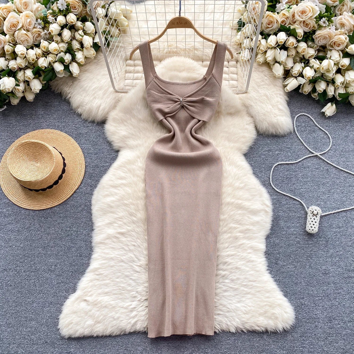 Wrap Dress Knitted Maxi With Pleated Detail And Bodycon Fit