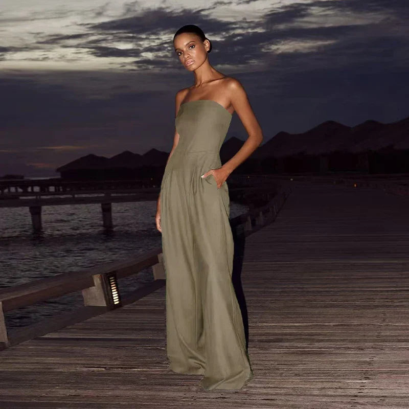 Solid Backless Off Shoulder Jumpsuit for Women Waist Cinching Wide Leg Pants with Pockets Elegant Summer Bodysuit Outwear