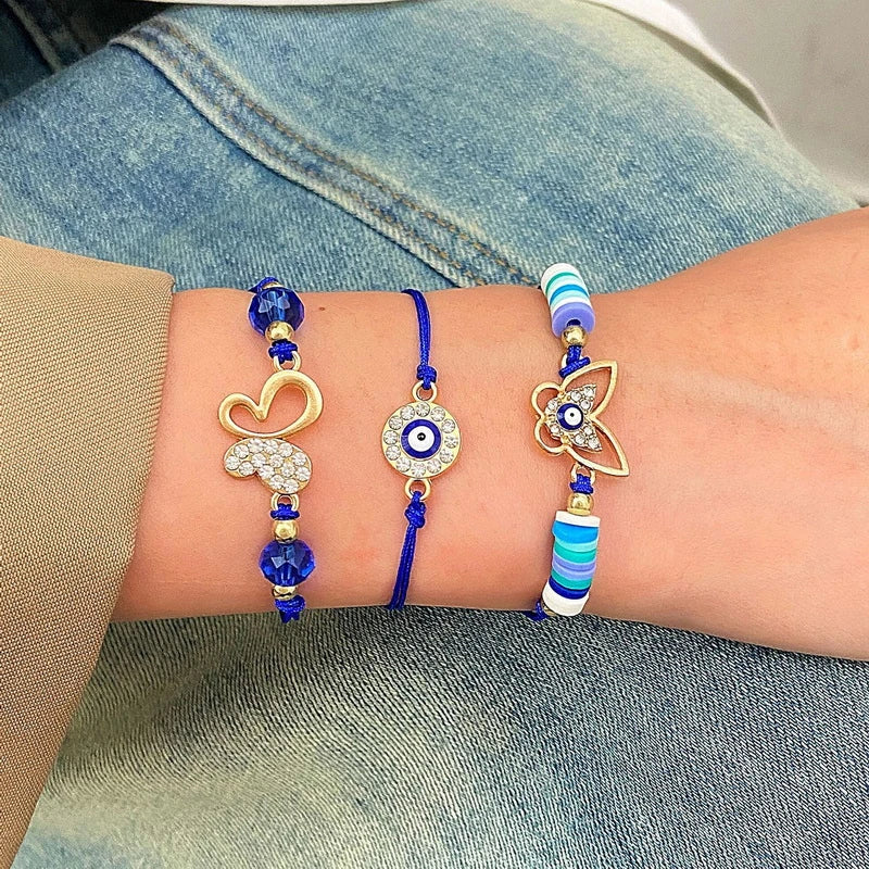 3 Pieces Lucky Turkish Blue Evil Eye Bracelets with Fatima Hand Hamsa and Butterfly Charm Handmade Jewelry
