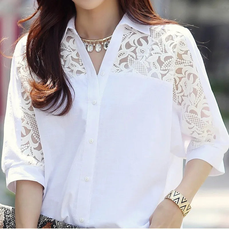 Sexy White Lace Patchwork Chiffon Button-Up Shirt for Women Casual Loose Half Sleeve Blouse Summer Top
