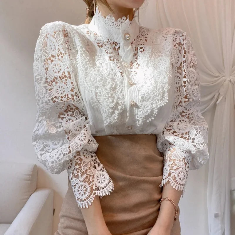 Elegant Hollow Out Long Sleeve Women Blouse with Petal Sleeves and Stand Collar, Stylish Office Shirt for Autumn Fashion
