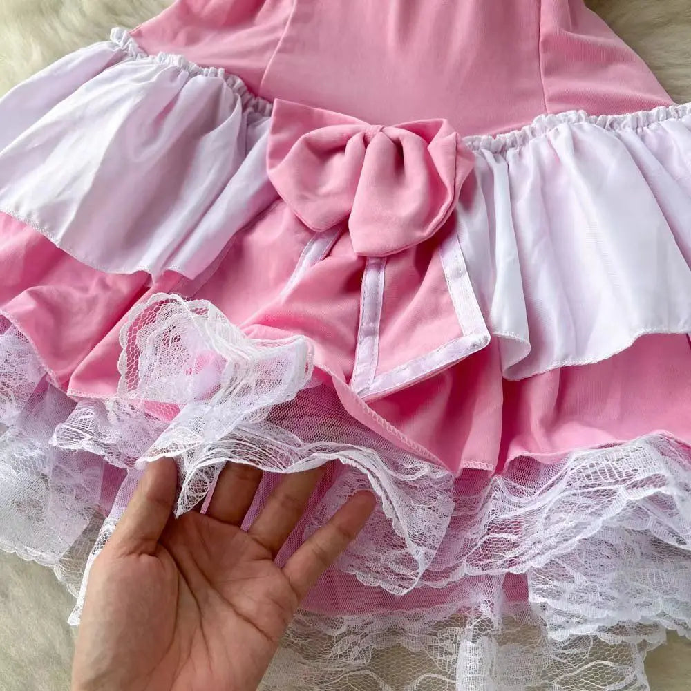 Pink Lolita Maid Dress Mini Short Patchwork Lace Details